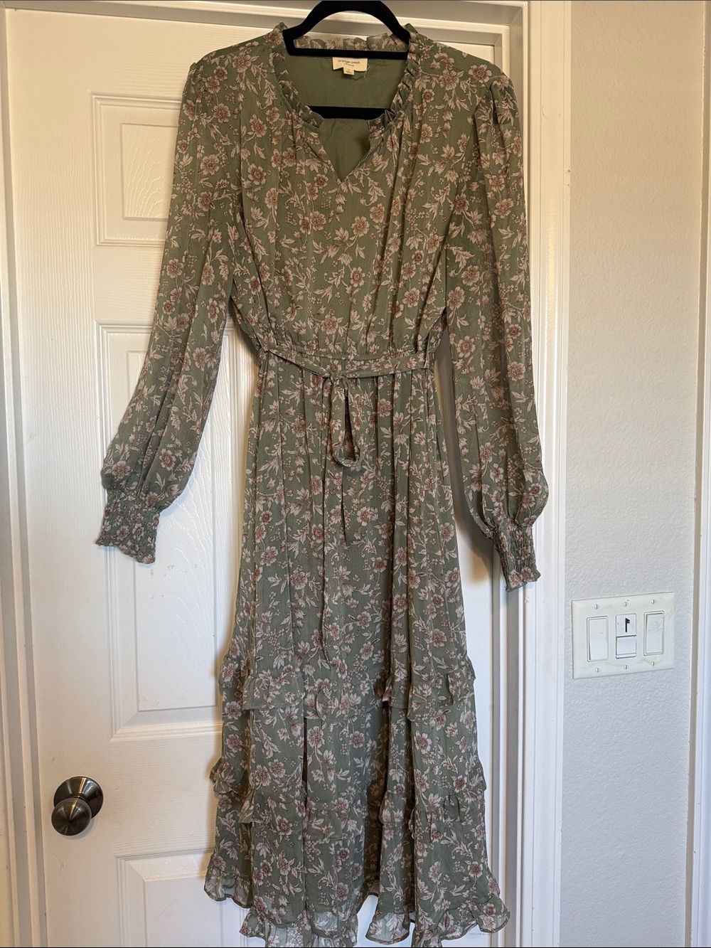orange creek Sage Green Floral Long Sleeve Ruffle Midi Dress